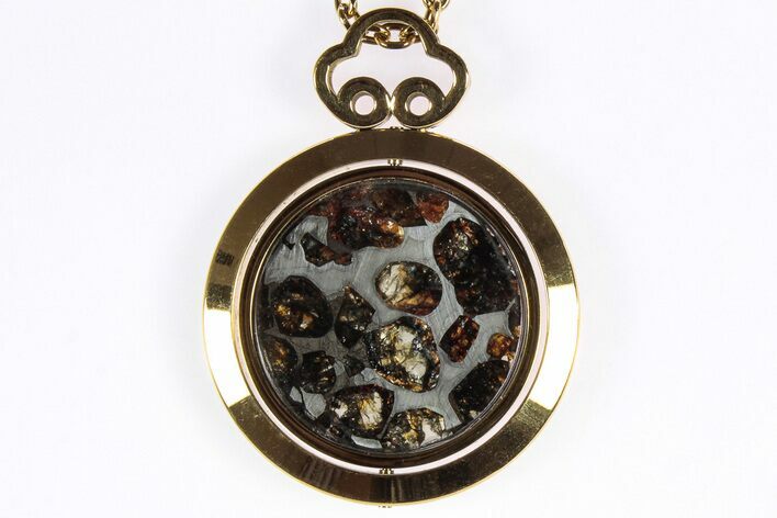 Sericho Pallasite Meteorite Pendant In Gold Rotating Frame #306354